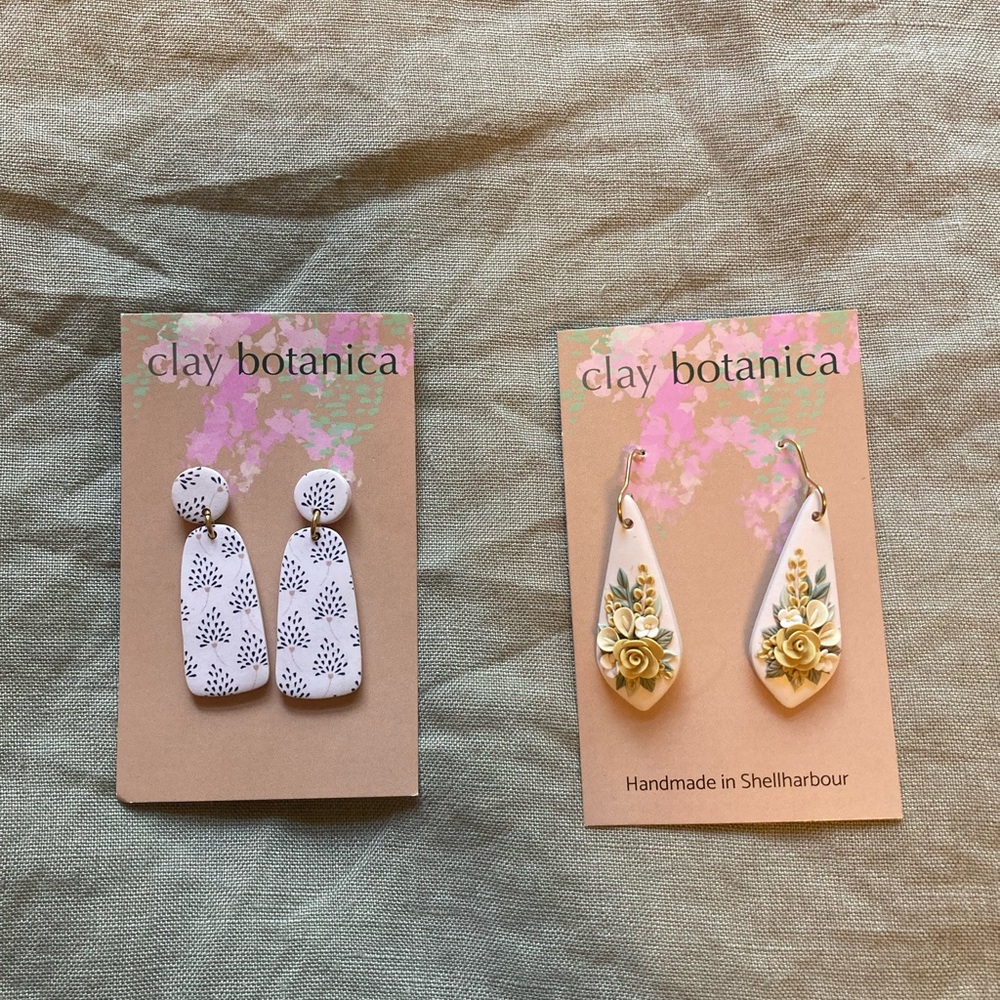 Polymer Clay Botanica handmade floral flower neutral earrings dangle stud